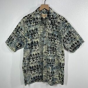Vtg. SANTIKI Mens Large Batik Hawaiian Camp Shirt Tribal Tapa Geometric Sailboat